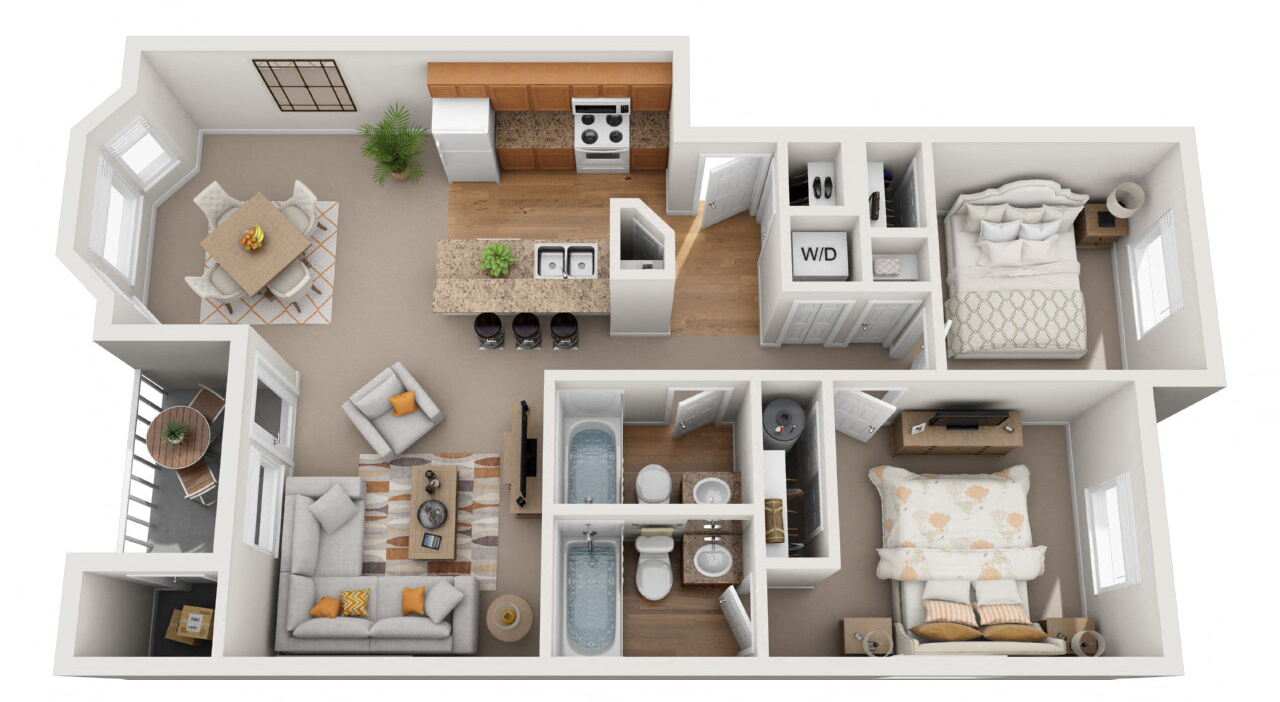 Floor plan for 2 beds, 2 baths, 1061 sqft